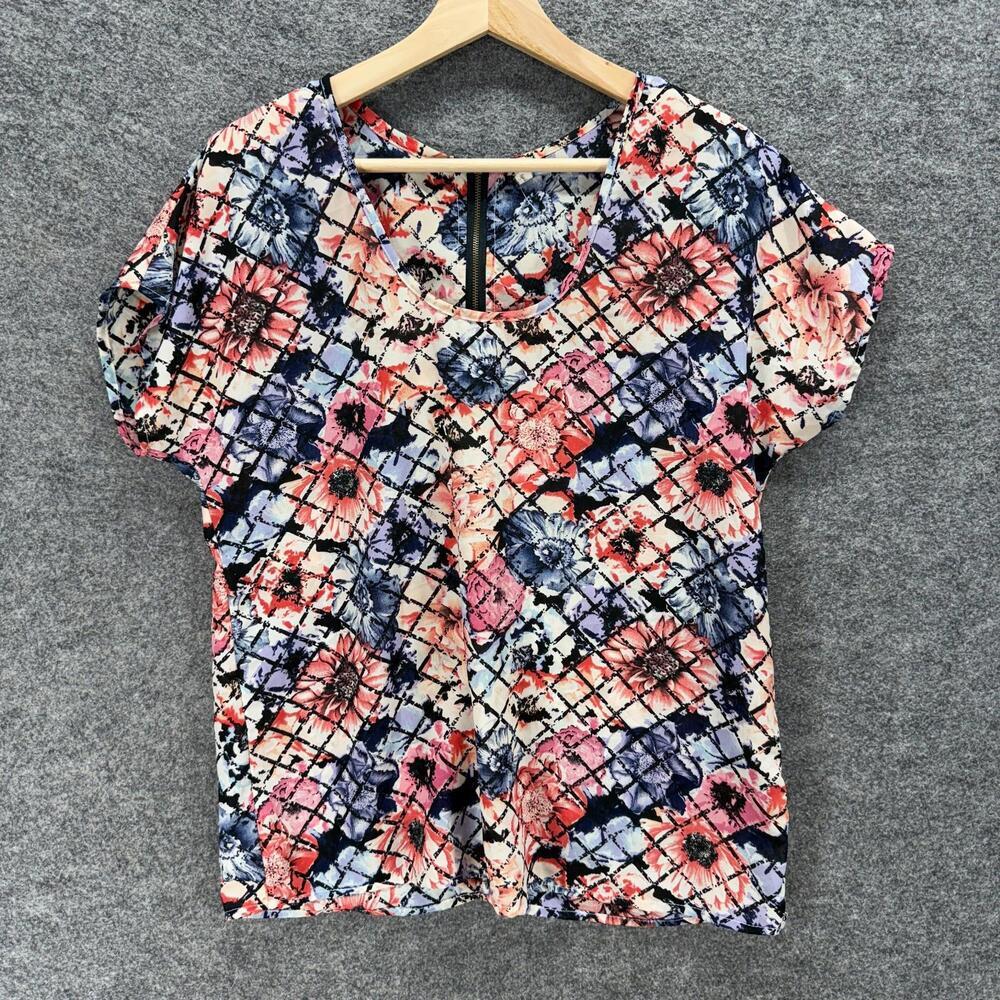 Japna Blouse Women M Medium Blue Floral Zipper Short Sleeve Round Neck Casual
